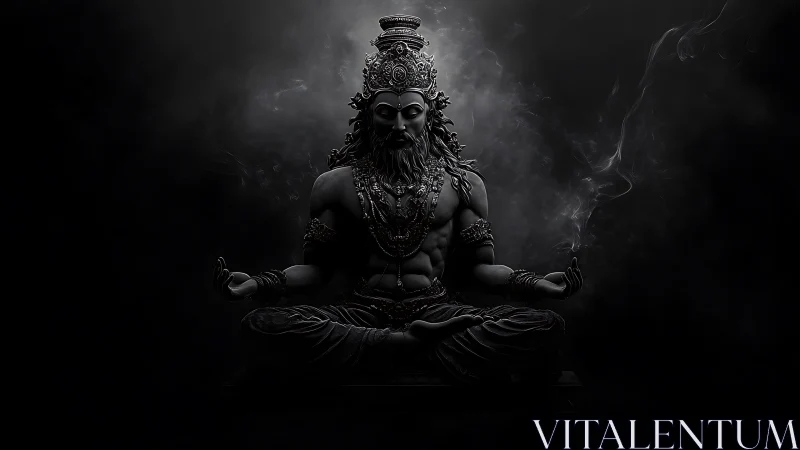 Powerful meditative deity in a dark, mysterious calm.