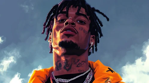 Low-angle digital portrait of tattooed man in vivid outerwear