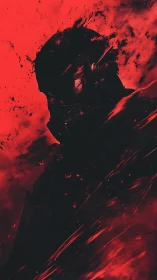 Cyberpunk operative in red-black abstraction, dynamic silhouette.