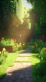 Voxel forest path with volumetric sunlight and bokeh depth
