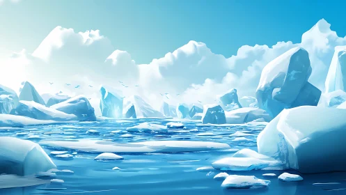 Icebergs float across a bright blue polar seascape