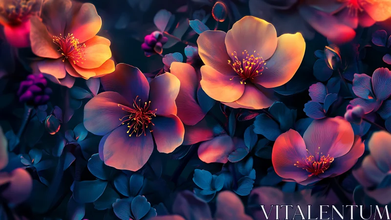 Neon Bioluminescent Flowers: Digital Rendering of Glowing Petals.