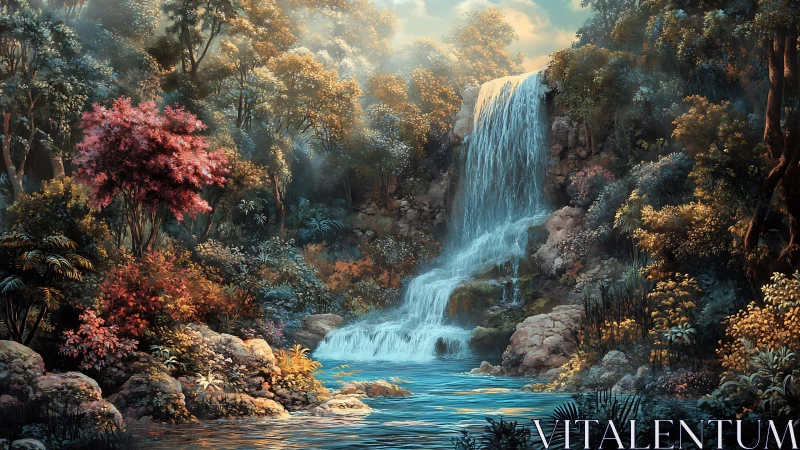 Lush forest waterfall with layered rocks and bright foliage.