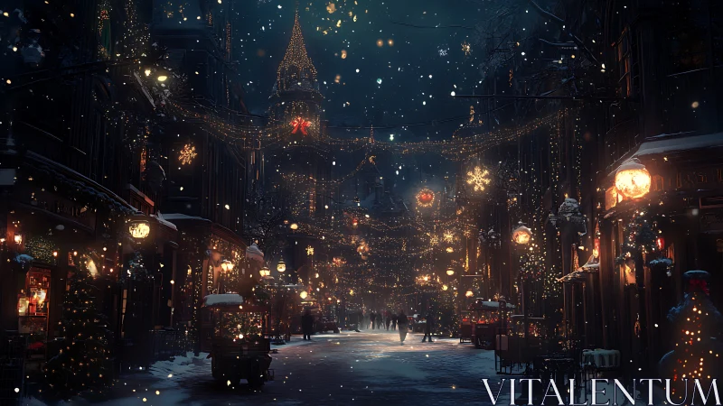 Snowy city street shows dense night Christmas light display