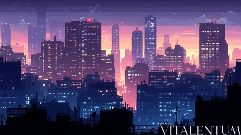 Pixel art city skyline at dusk with glowing windows.