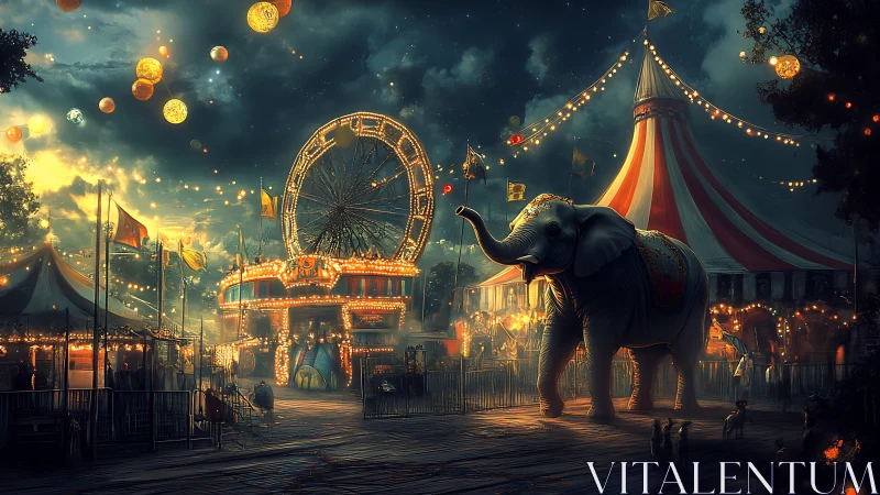 Nighttime circus midway with elephant and illuminated rides.
