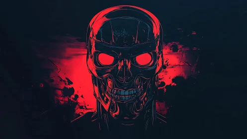 Glowing cybernetic skull looms against red digital void
