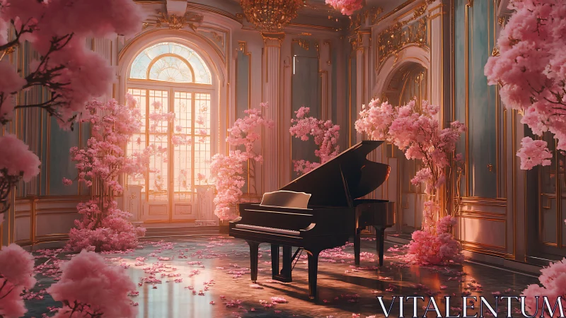 Grand piano rests in ornate hall filled with pink blossoms.