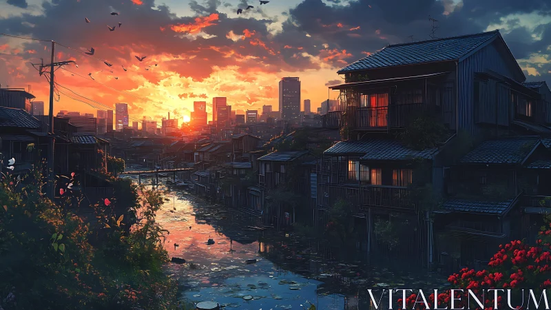 Sunset city skyline reflects over narrow canal district