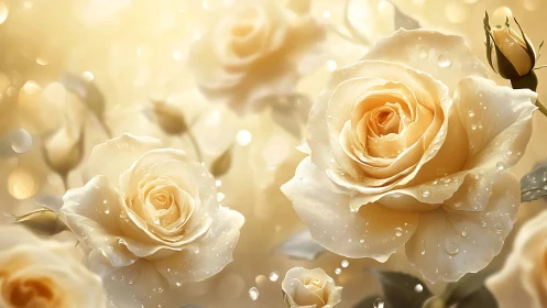 Cream and Peach Roses with Water Droplets and Bokeh.