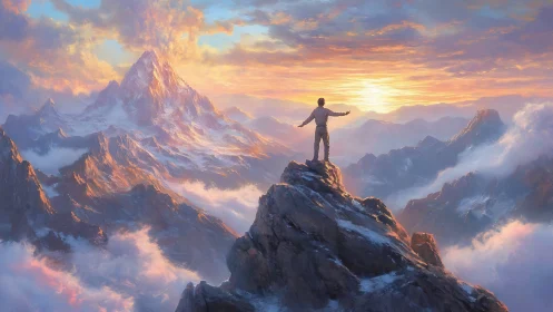 Solitary figure on mountain peak at sunrise over clouded range.