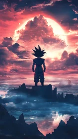 Saiyan sentinel beneath a molten cotton-candy sky.