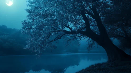 Blue moonlit lakeshore tree with reflective still water