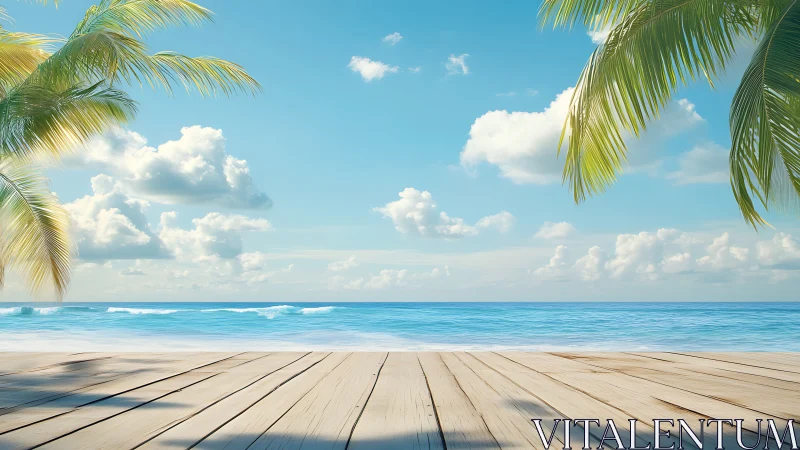 Tropical wooden deck facing calm blue ocean horizon.