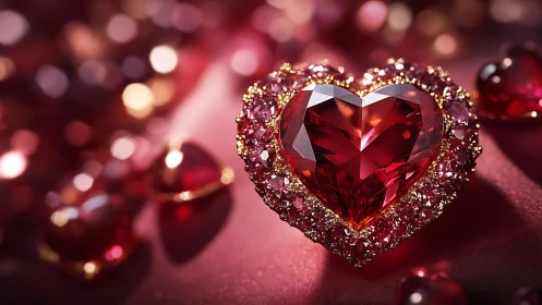 Heart-cut ruby gemstone brooch on bokeh lit crimson silk.