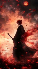 Crimson moon samurai storms through burning autumn sky.