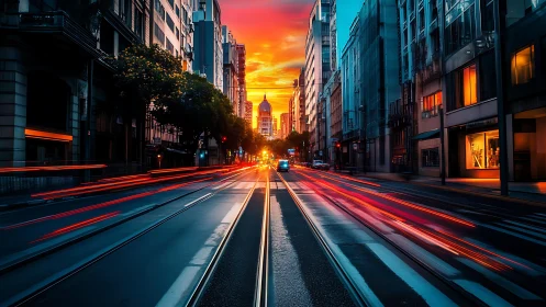City sunset boulevard with racing light trails and color.