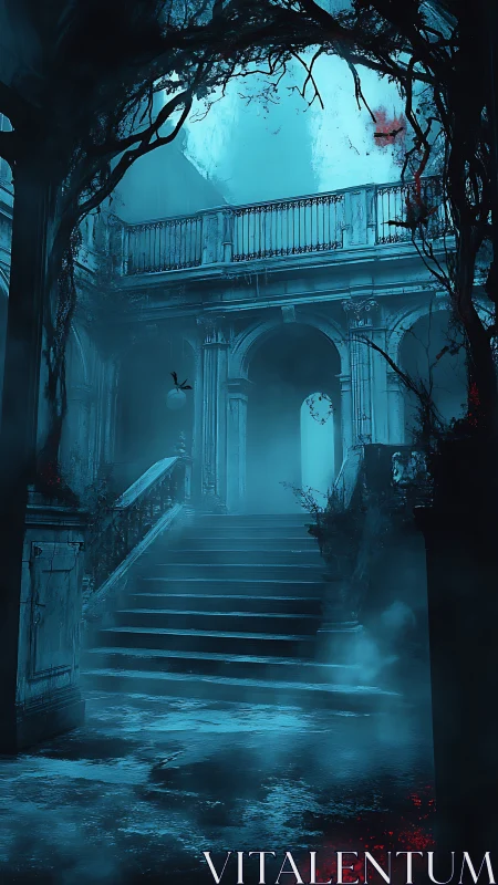 Haunted neoclassical courtyard staircase in cyan mist.