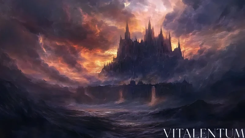 Stormlit fantasy citadel rising through swirling twilight.