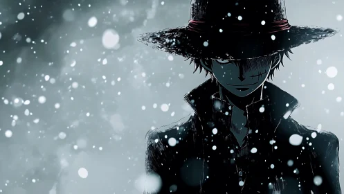 Mysterious snowbound wanderer in a shadowy wide-brim hat.