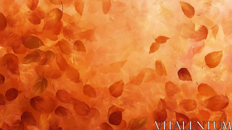 Autumn foliage drifts across a luminous orange abstract field
