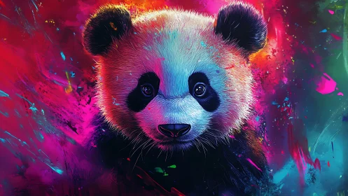 Panda portrait with multicolored abstract digital backdrop.