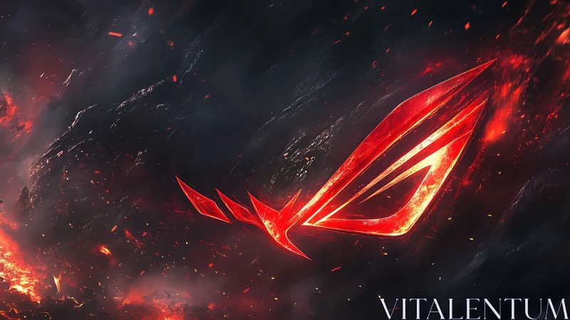 Red angular emblem within dark molten textured field.