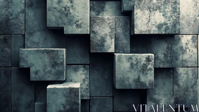 Weathered concrete cubes form layered brutalist relief wall
