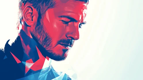 Male portrait rendered in angular red and blue digital style