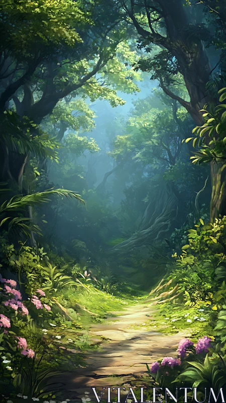 Forest pathway with canopy tunnel and flowering vegetation