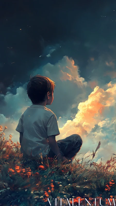 Digital painting of child in contemplative skyward landscape.