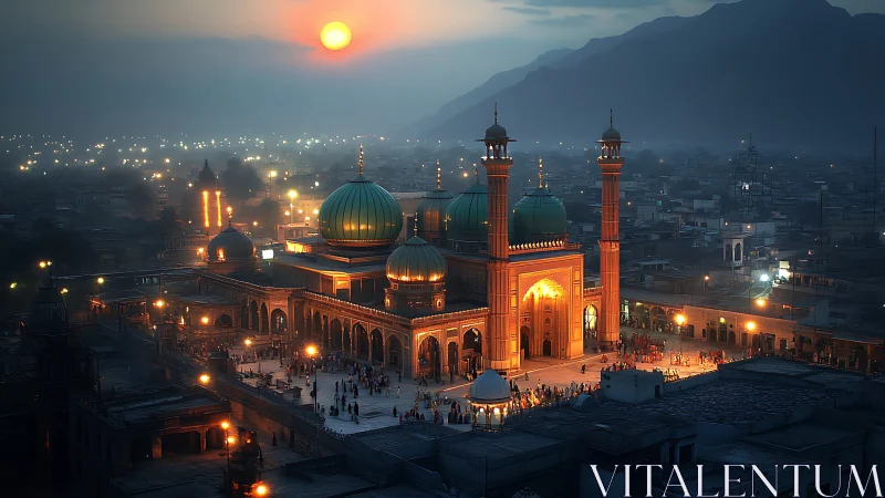 Golden mosque glow at dusk over a softly twinkling city.