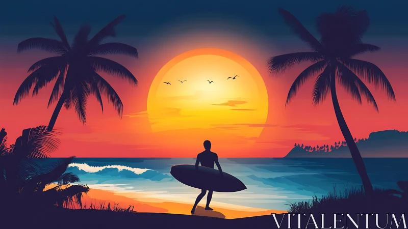 Sunset surf pause beneath glowing tropical skies.