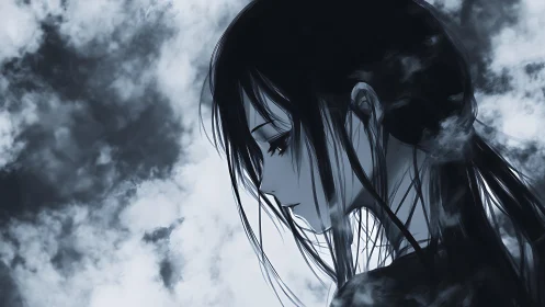 Melancholic anime profile in monochrome storm clouds.
