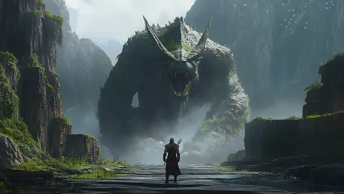 Armored horned colossus confronting lone warrior in misted gorge