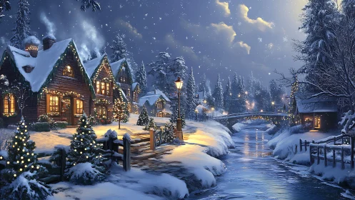 Snowlit cottage riverside glowing with storybook hush.