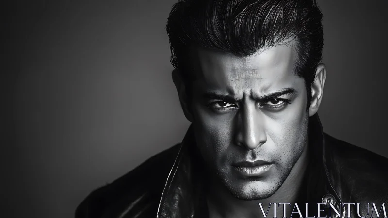 Monochrome male portrait with intense gaze and leather jacket