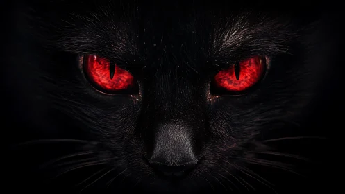 Close frontal view shows black feline face with red eyes