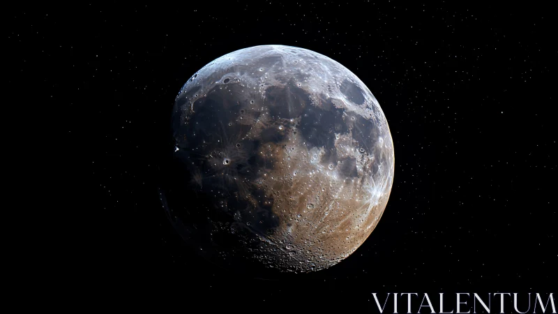 Photorealistic lunar hemisphere with cratered surface detail.