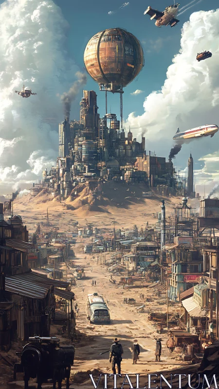 Skybound desert city rising above a hopeful frontier road.