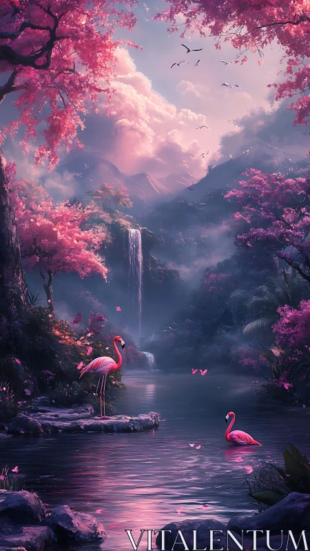 Flamingos stand beneath pink trees beside misty waterfall