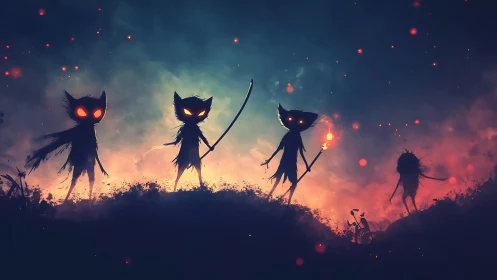 Midnight ember-creatures patrol a glowing twilight ridge.