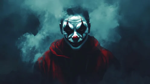 Smoke-wreathed sinister clown in a crimson-shadowed void.