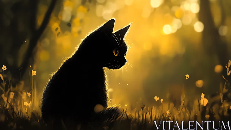 Black Cat with Golden Eyes in Sunlit Meadow.