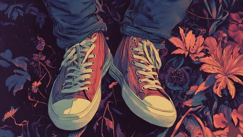 Digital painting of red sneakers amid neon-toned forest floor.