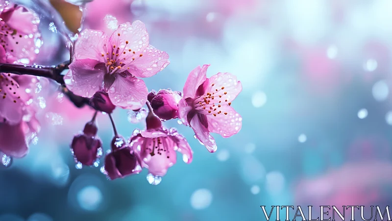 Pink flowering botanical specimen with hydrophobic surface phenomena.