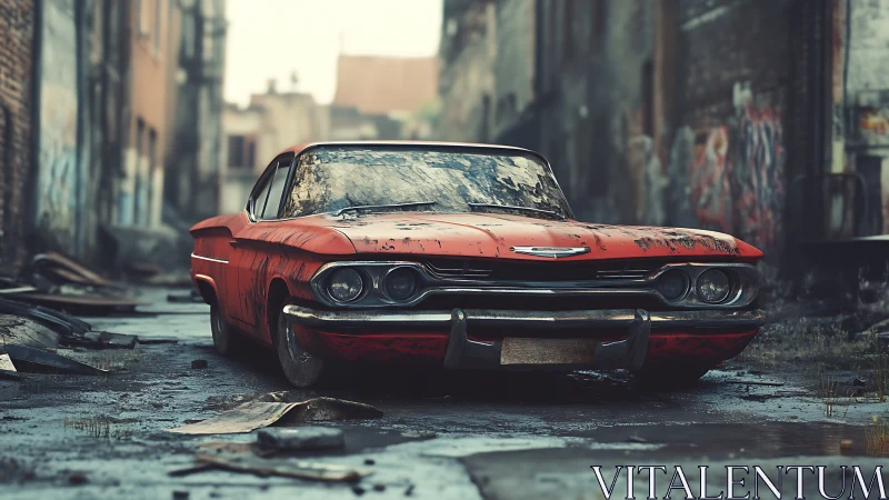 Abandoned red vintage car sits weathered in narrow alleyway