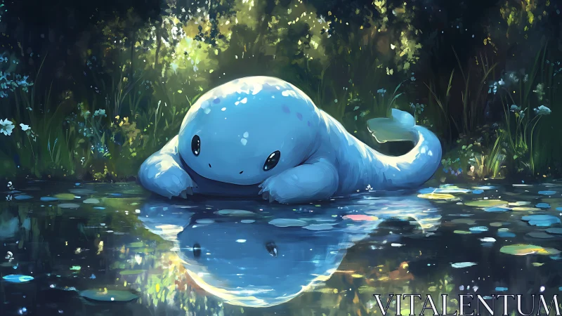 Bioluminescent creek creature in reflective woodland shallows.