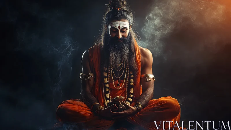 Ember cloaked sage meditates in swirling temple shadows.