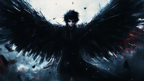 Dark winged figure in stormy abstract digital environment.